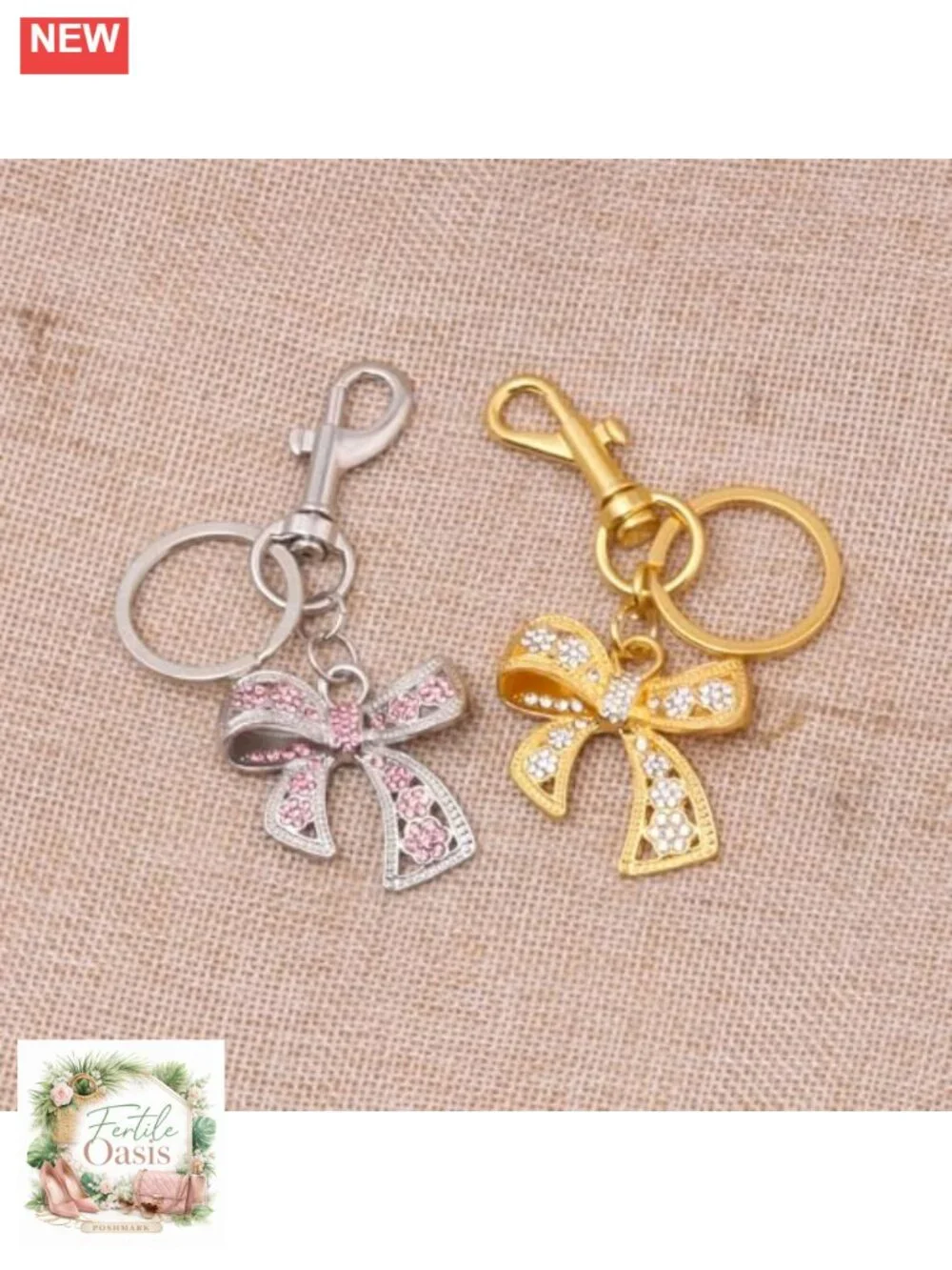 Sparkly Bow Keychain Rhinestone Bag Charm Purse Accessory Gold Plated